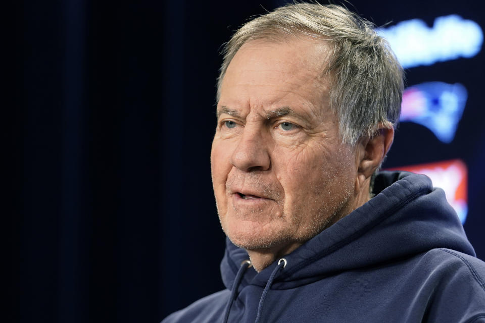 FILE - New England Patriots head coach Bill Belichick speaks with reporters before NFL football practice, Wednesday, Oct. 27, 2021, in Foxborough, Mass. The CW Network announced Thursday, July 11, 2024, that Belichick will be one of the analysts on “Inside the NFL.” (AP Photo/Steven Senne, File)