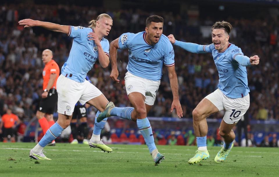 Rodri, centre, after scoring the winning goal (Getty)