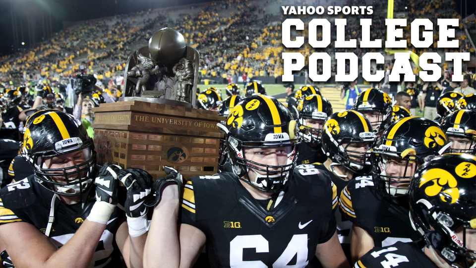 IOWA CITY, IOWA- SEPTEMBER 10: Offensive linemen Cole Croston #64 and Boone Myers #52 of the Iowa Hawkeyes carry the Cy-Hawk trophy off the field after defeating the Iowa State Cyclones on September 10, 2016 at Kinnick Stadium in Iowa City, Iowa. (Photo by Matthew Holst/Getty Images)