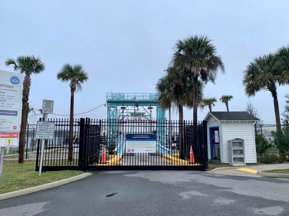 A gate with a sign informs travelers of the three-week closure of the St. Johns River Ferry service that started Monday. The gate on the Mayport landing will be shut and so will the Fort George Island side of the service across the river.