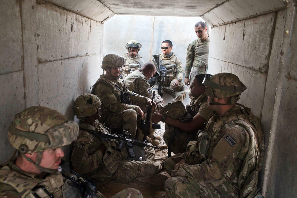 U.S. military personnel in a bunker in Qayara, Iraq