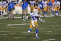 Los Angeles Chargers' Desmond King (20) celebrates after his team defeated the Cincinnati Bengals in an NFL football game, Sunday, Sept. 13, 2020, in Cincinnati. (AP Photo/Aaron Doster)