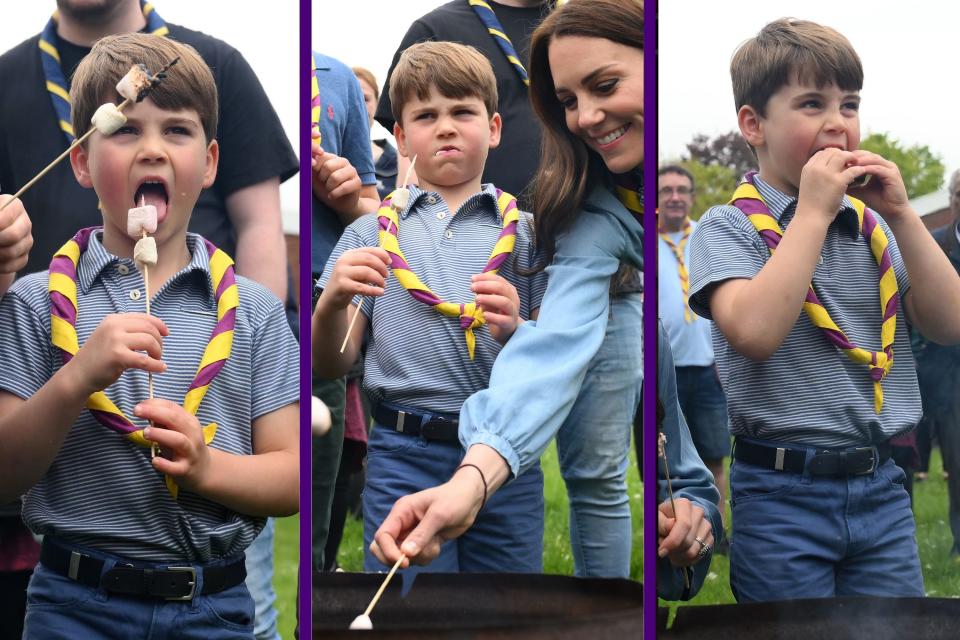 Prince Louis eating marshmallows, Prince Louis with his face stuffed with marshmallows and Prince Louis eating S'Mores