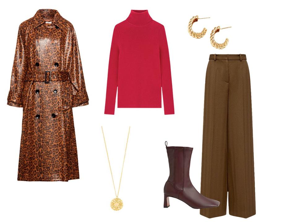 Stand Studio trench, £188, The Outnet; Merino wool turtleneck, £24.90, Uniqlo; Wool trousers, £425, Joseph; Calf boots, £85, Charles & Keith; Charlotte hoops, £95, Mejuri; Pendant, £27.99, Pilgrim