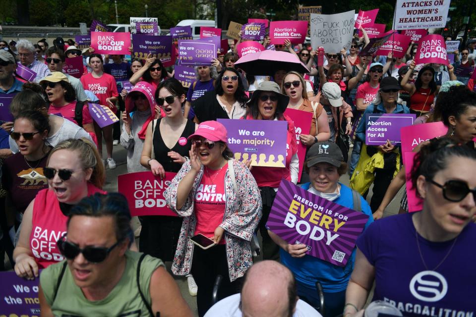 Biden has the benefit of a Democratic electorate intensely angry at Republicans for legislative pushes on abortion and transgender rights. <a href="https://www.gettyimages.com/detail/news-photo/activists-gather-at-the-us-supreme-court-in-washington-d-c-news-photo/1252222712?adppopup=true" rel="nofollow noopener" target="_blank" data-ylk="slk:Astrid Riecken/The Washington Post via Getty Images;elm:context_link;itc:0;sec:content-canvas" class="link ">Astrid Riecken/The Washington Post via Getty Images</a>