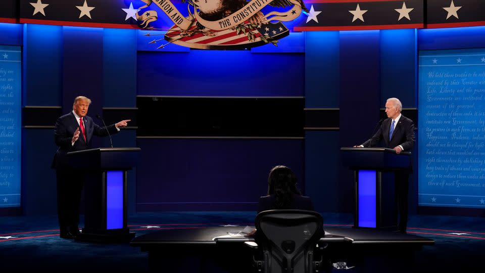 In this 2020 photo, then-President Donald Trump, left, points towards then-Democratic presidential candidate former Vice President Joe Biden, right, during the second and final presidential debate at Belmont University in Nashville. - Patrick Semansky/AP/File