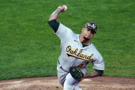 Oakland Athletics pitcher Frankie Montas throws to a Minnesota Twins batter during the first inning of a baseball game Friday, May 14, 2021, in Minneapolis. (AP Photo/Jim Mone)