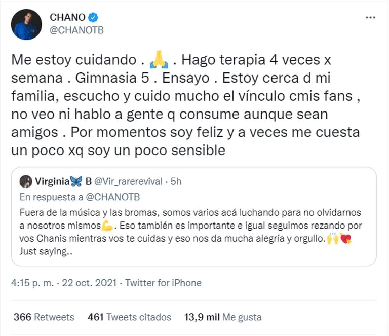 Chano aseguró que se está cuidando para poder superar su adicción