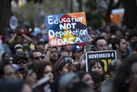 <p>DACA supporters protest the Trump administrations termination of the Deferred Action for Childhood Arrivals program. Los Angeles, Calif., on Sept. 5, 2017. (Photo: Ronen Tivony/NurPhoto via Getty Images) </p>