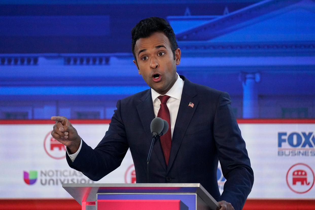 Businessman Vivek Ramaswamy speaks during a Republican presidential primary debate hosted by FOX Business Network and Univision, Wednesday, Sept. 27, 2023, at the Ronald Reagan Presidential Library in Simi Valley, Calif. (AP)