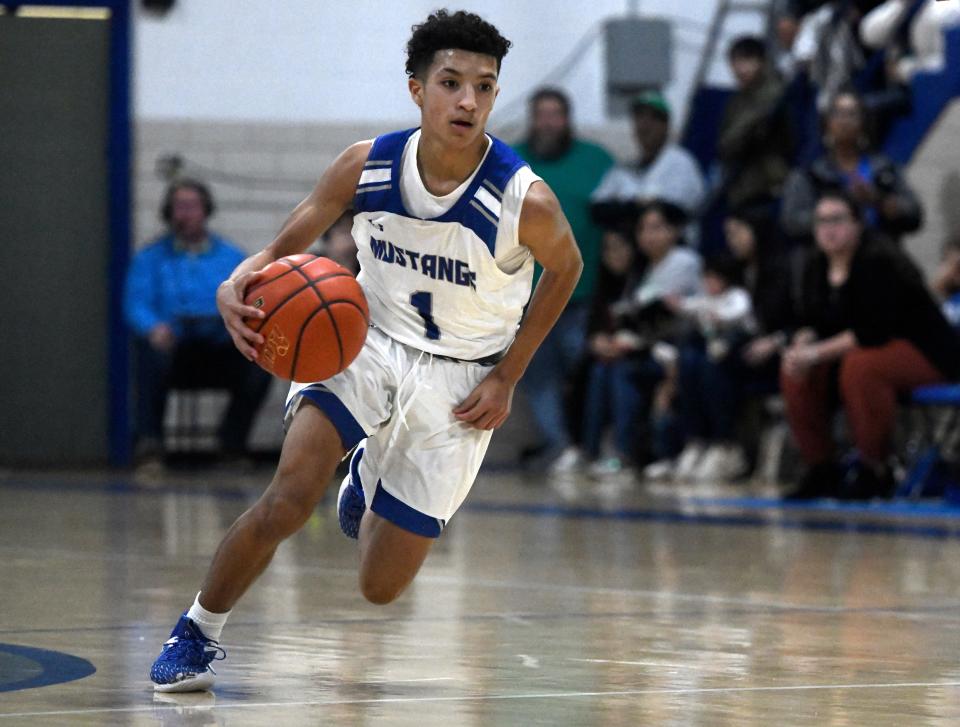 Olton's Sebastian Sparkman dribbles against Floydada in a District 4-2A boys basketball game, Friday, Jan. 13, 2023, at Olton Memorial Gymnasium in Olton.