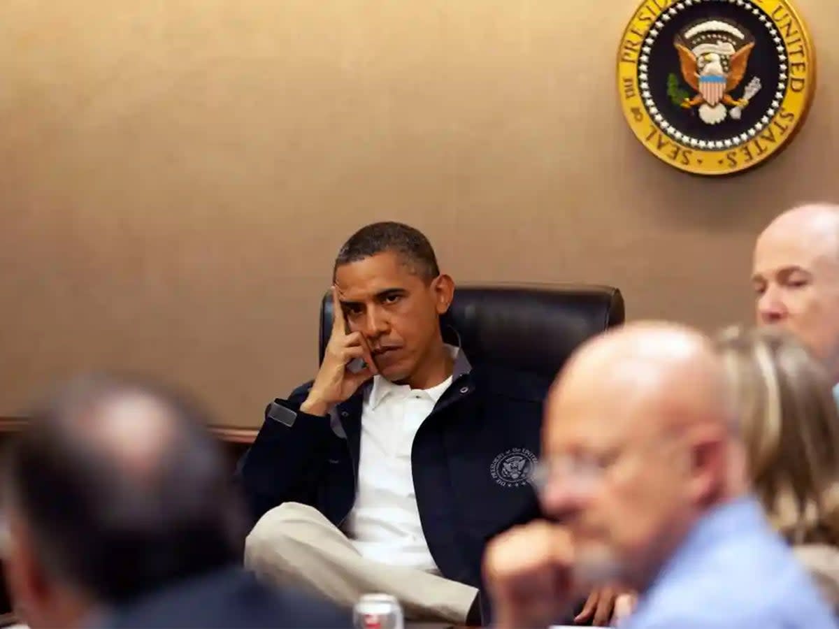 President Barack Obama in the White House Situation Room discussing the mission against Osama bin Laden on May 1, 2011 (Official White House photo by Pete Souza, courtesy Barack Obama Presidential Library, through Washington Post FOIA)
