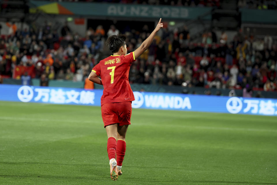 China's Wang Shuang celebrates after scoring the opening goal from the penalty spot during the Women's World Cup Group D soccer match between China and Haiti in Adelaide, Australia, Friday, July 28, 2023. (AP Photo/James Elsby)