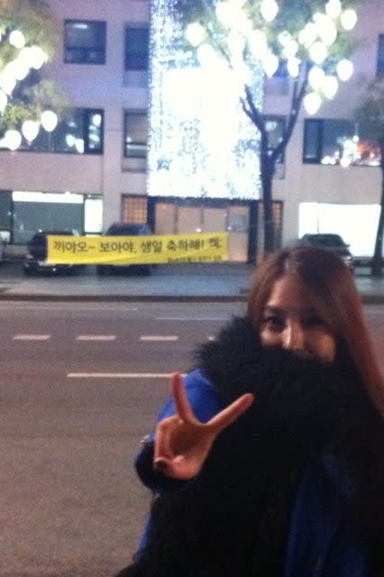 BoA posing in front of the birthday placard from the fans