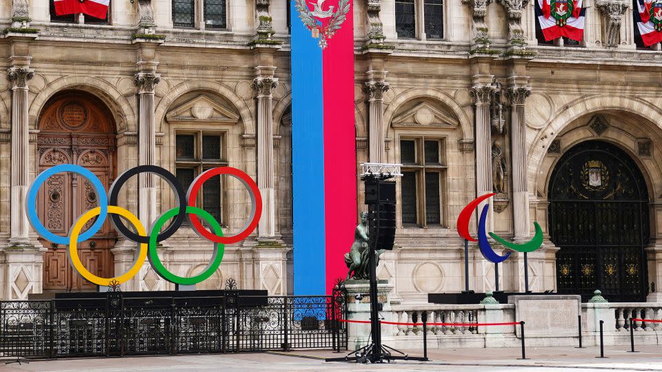 The Olympic rings are on display outside of the Hotel de Ville in Paris ahead of the Paris 2024 Summer Olympic Games. - Jerry Lai/USA Today Sports/Reuters