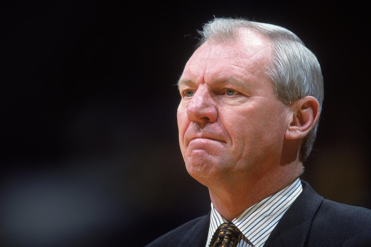 14 Nov 2000:  Head Coach Dan Issel  of the Denver Nuggets reacts during the game against the Los Angeles Lakers at the STAPLES Center in Los Angeles, California.  The Lakers defeated the Nuggets 119-103.  NOTE TO USER: It is expressly understood that the only rights Allsport are offering to license in this Photograph are one-time, non-exclusive editorial rights. No advertising or commercial uses of any kind may be made of Allsport photos. User acknowledges that it is aware that Allsport is an editorial sports agency and that NO RELEASES OF ANY TYPE ARE OBTAINED from the subjects contained in the photographs.Mandatory Credit: Donald Miralle  /Allsport