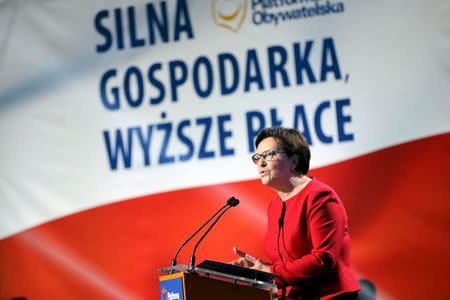 Prime Minister Ewa Kopacz, leader of Civic Platform, speaks during the last day of election campaigning in Warsaw, Poland, October 23, 2015. REUTERS/Slawomir Kaminskii/Agencja Gazeta