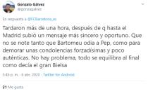 La tardanza en reaccionar ha reavivado la polémica de la mala relación entre Guardiola y la actual directiva azulgrana. (Foto: Twitter / <a href="http://twitter.com/gonzagalvez/status/1247188894304608261" rel="nofollow noopener" target="_blank" data-ylk="slk:@gonzagalvez" class="link ">@gonzagalvez</a>).
