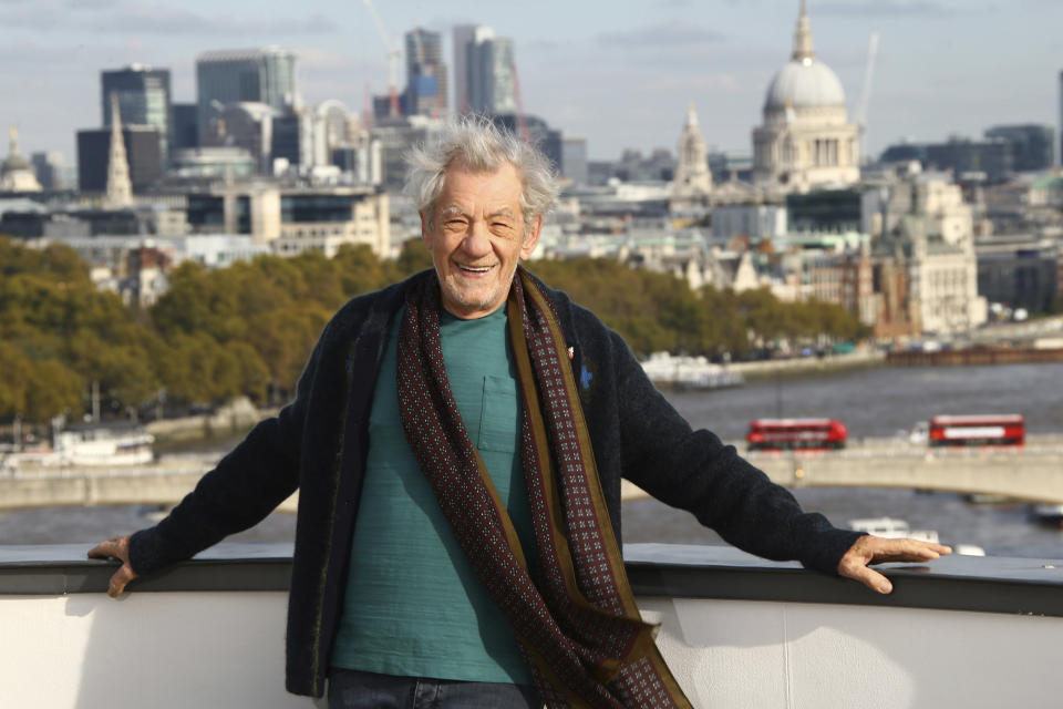 FILE - In this Oct. 30, 2019, file photo, actor Sir Ian McKellen poses for photographers at a photocall for the film "The Good Liar"at a central London hotel. McKellen turns 84 on May 25. (Photo by Joel C Ryan/Invision/AP, File)