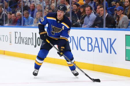 Oct 18, 2017; St. Louis, MO, USA; St. Louis Blues left wing Alexander Steen (20) handles the puck during the second period against the Chicago Blackhawks at Scottrade Center. Mandatory Credit: Billy Hurst-USA TODAY Sports