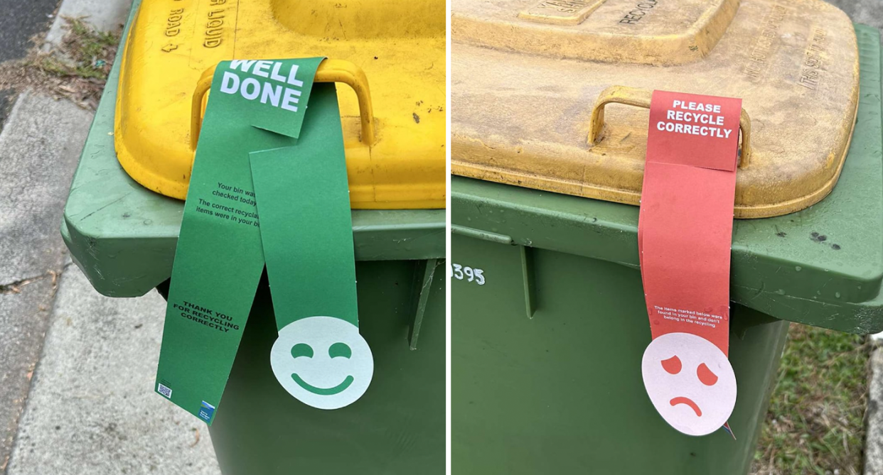 A green paper tag with the words 'well done' found on one recycling bin in Chirnside Park (left) while another has a sad face on a red tag while reads 'please recycle correctly' (right). 