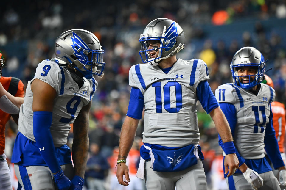 Feb 23, 2023; Seattle, WA, USA; St. Louis Battlehawks quarterback AJ McCarron (10) celebrates after scoring a touchdown against the Seattle Sea Dragons during the first half at Lumen Field. Mandatory Credit: Steven Bisig-USA TODAY Sports