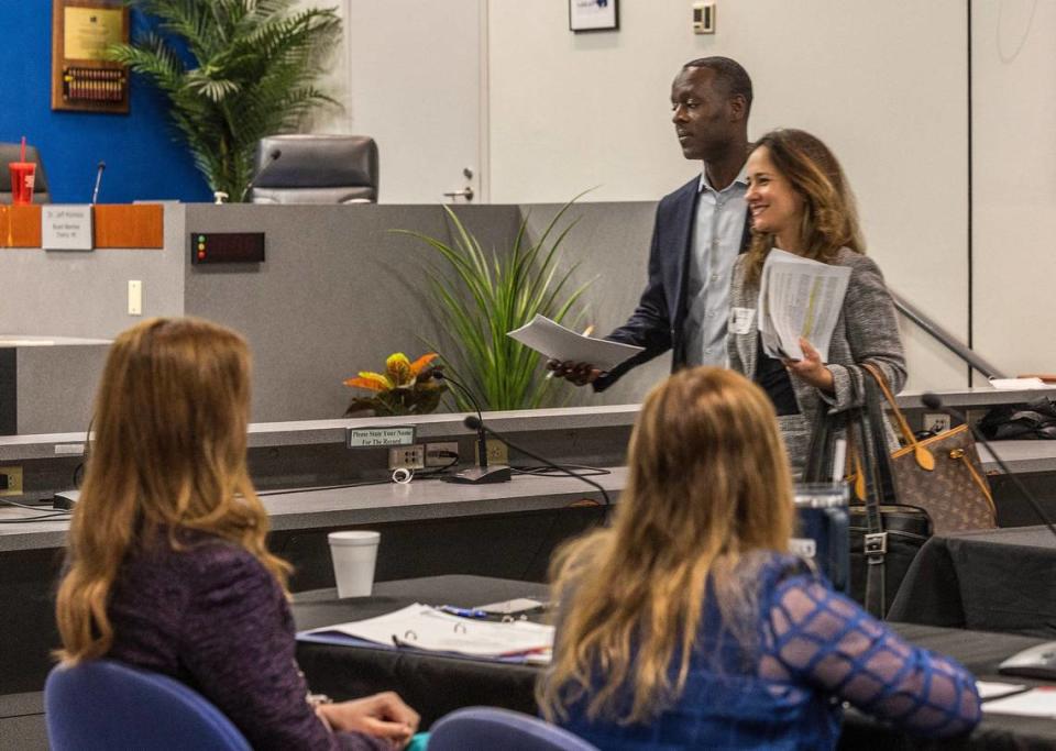 Howard Hepburn, the new superintendent of the Broward County Public Schools and his lawyer Carmen Cartaya, walk out to privately conference during a meeting to negotiate his new contract with the school board general counsel Marilyn Batista (right) and the board Chair Lori Alhadeff, at the school board offices, on Friday April 26, 2024.