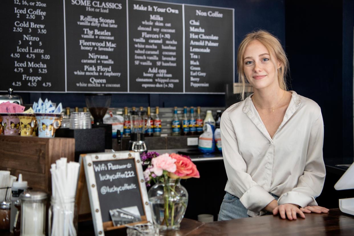 Savannah Logan at her new coffee shop, Lucky Coffee, in South Asheville May 10, 2022.