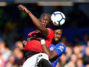 Soccer Football - Premier League - Chelsea v Manchester United - Stamford Bridge, London, Britain - October 20, 2018 Manchester United's Romelu Lukaku in action with Chelsea's Antonio Rudiger REUTERS/Dylan Martinez