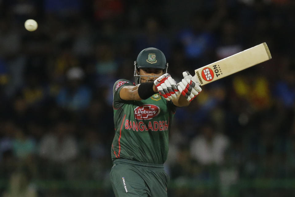 Bangladeshi batsman Soumya Sarkar plays a shot during the third one-day international cricket match between Sri Lanka and Bangladesh in Colombo, Sri Lanka, Wednesday, July 31, 2019. (AP Photo/Eranga Jayawardena)