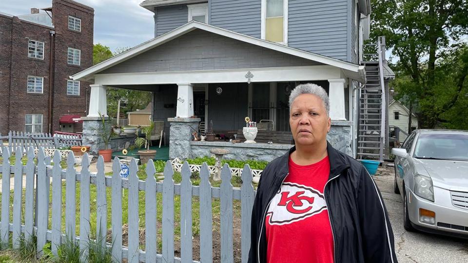 Ellen Betts stands in front of the Kansas City, Kansas, house where her son and two nephews were staying when they were wrongly accused of murdering KCK police detective Roger Golubski’s 17-year-old nephew.