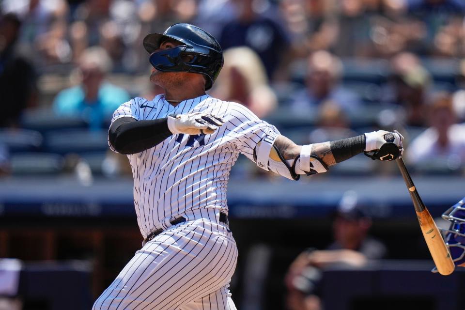 New York Yankees'  Gleyber Torres hits a two-run home run during the first inning of a baseball game against the Kansas City Royals, Sunday, July 23, 2023, in New York.  (AP Photo/Frank Franklin II)