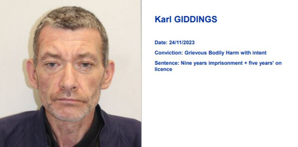 Karl Giddings who was jailed for nine years for inflicting grievous bodily harm on his female partner (Met police)
