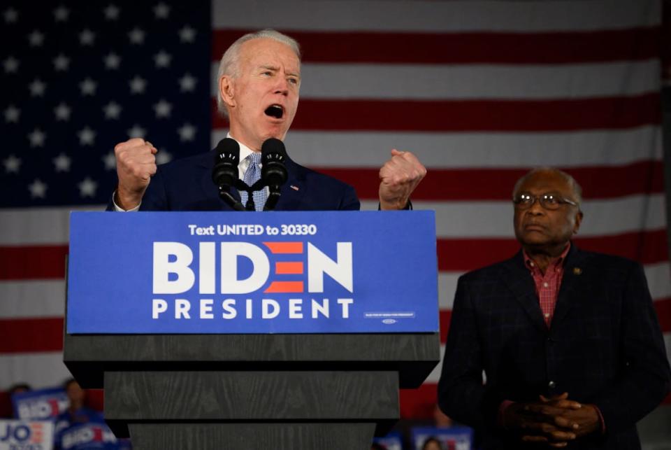 Then-Democratic presidential candidate Joe Biden delivers remarks on Feb. 29, 2020, at his primary night election event in Columbia, South Carolina. (Photo by JIM WATSON / AFP) (Photo by JIM WATSON/AFP via Getty Images)