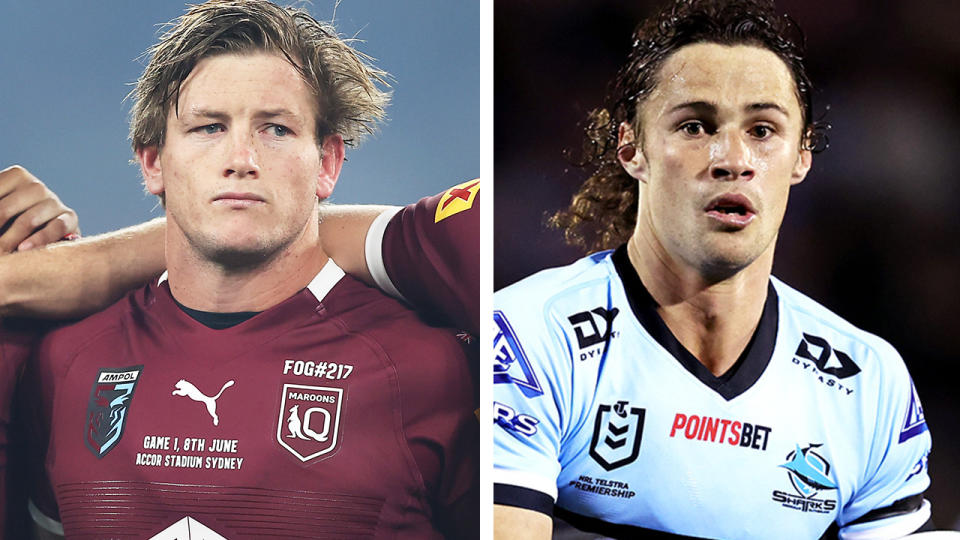 Maroons hooker Harry Grant during the national anthem and Nicho Hynes running the ball.