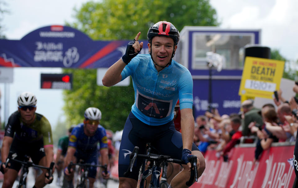 <p>INEOS Grenadiers' Ethan Hayter celebrates after winning stage five of the AJ Bell Tour of Britain from Alderley Park to Warrington. Picture date: Thursday September 9, 2021.</p>
