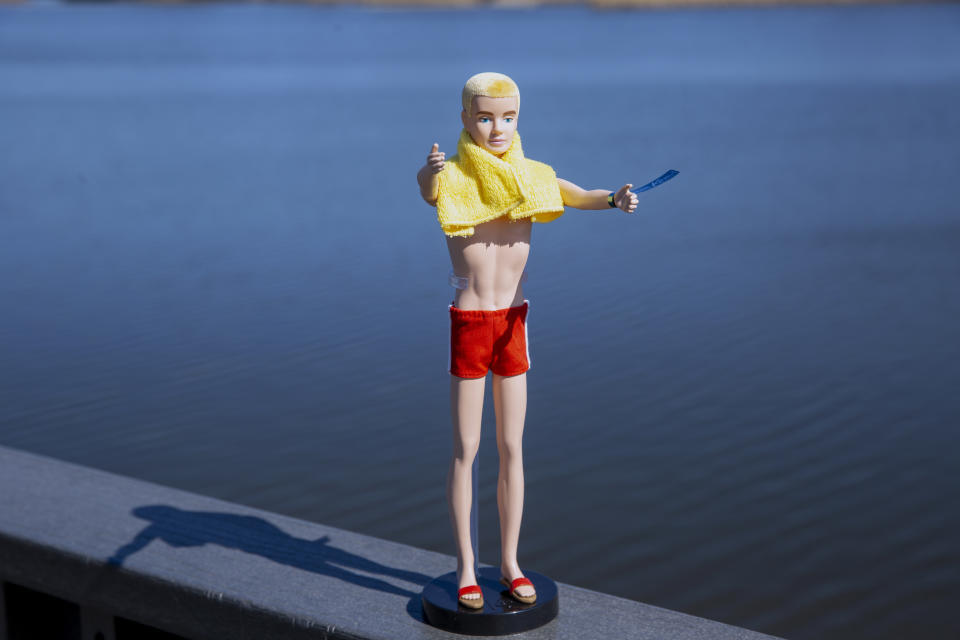 A reproduction of the original Ken doll, launched in 1961 as a companion to Barbie, appears in Bergen County, N.J., on Monday, March 8, 2021. Mattel has put the doll on sale this week to commemorate its 60th anniversary. (AP Photo/Ted Shaffrey)