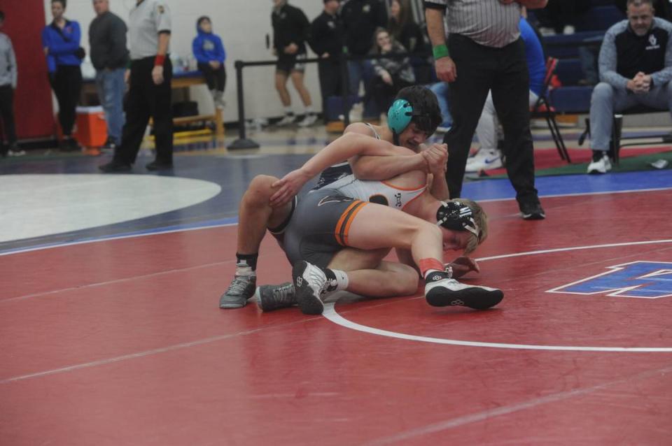 Philipsburg-Osecola’s Marcus Gable controls Central York’s Carter Davis in their 152-pound consolation finals of the Ultimate Warrior Tournament on Saturday, January 28, 2023. Gable edged Davis, 5-3. Nate Cobler/ncobler@centredaily.com