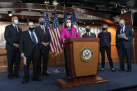 House Speaker Nancy Pelosi of Calif., center, speaks about the Congress Equality Act, Thursday, Feb. 25, 2021, with from left, Sen. Cory Booker, D-N.J., Sen. Jerry Nadler, D-N.Y., Sen. Jeff Merkley, D-Ore., Pelosi, Rep. David Cicilline, D-R.I., Sen. Tammy Baldwin, D-Wis., and Senate Majority Leader Chuck Schumer, D-N.Y., on Capitol Hill in Washington. (AP Photo/Jacquelyn Martin)