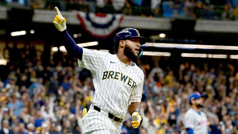 Jackson Chourio reacts after hitting a home run during the first inning. - Benny Sieu/USA TODAY Sports/Reuters