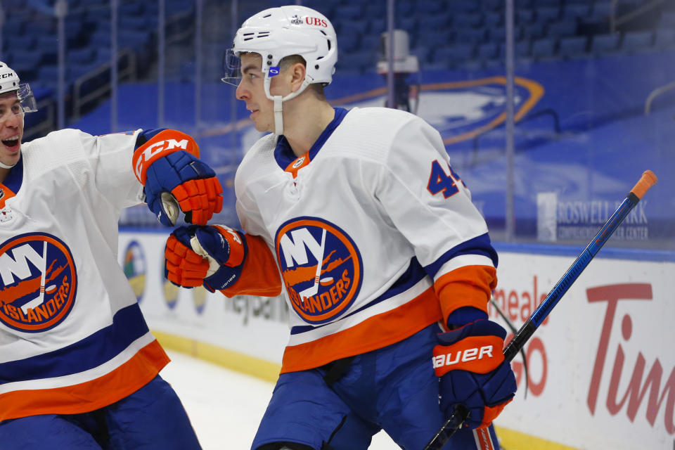 New York Islanders forward Jean-Gabriel Pageau (44) celebrates his goal during the first period of an NHL hockey game against the Buffalo Sabres, Tuesday, Feb. 16, 2021, in Buffalo, N.Y. (AP Photo/Jeffrey T. Barnes)