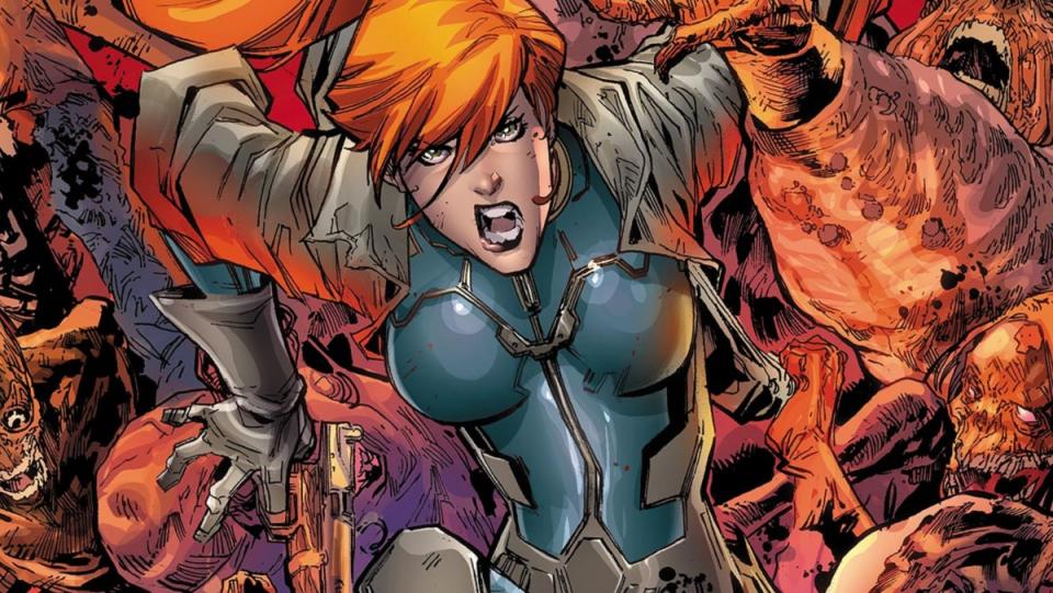 Marvel's Elsa Bloodstone jumps as fiery zombies surround her.