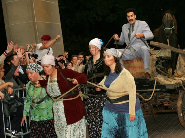 At the Toronto Film Festival premiere of 'Borat', Cohen made yet another unique entrance. Arriving in a cart would have been unique in its own right, but only a cart pulled by four of his wenches would do for Borat. When the projector at the premiere went down, Borat offered the crowd 'five minutes for sex-making with my nice cart-pull prostitutes.'