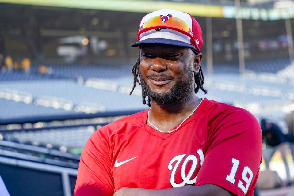 Washington Nationals and former Pittsburgh Pirates first baseman Josh Bell answers reporters' questions before the team's baseball game against the Pittsburgh Pirates, Friday, Sept. 10, 2021, in Pittsburgh. (AP Photo/Keith Srakocic)