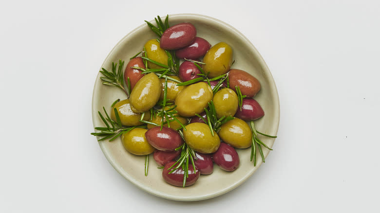 Bowl of kalamata and green olives