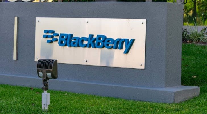 A BlackBerry (BB) sign out front of a corporate office in Silicon Valley, California.