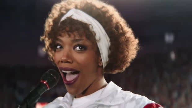 Naomi Ackie as Whitney Houston performing the national anthem at the 1991 Super Bowl in the movie "I Wanna Dance With Somebody"<p>Sony Pictures</p>