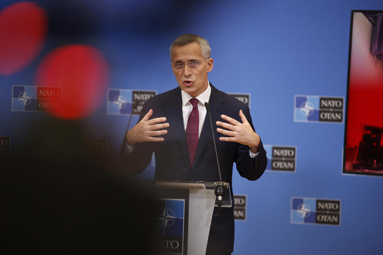 NATO Secretary General Jens Stoltenberg speaks to the press ahead of a meeting of NATO Foreign Affairs Ministers to be held on Nov. 30-Dec.1, at the NATO headquarters, in Brussels, Belgium, Friday, Nov. 26, 2021. (AP Photo/Olivier Matthys)