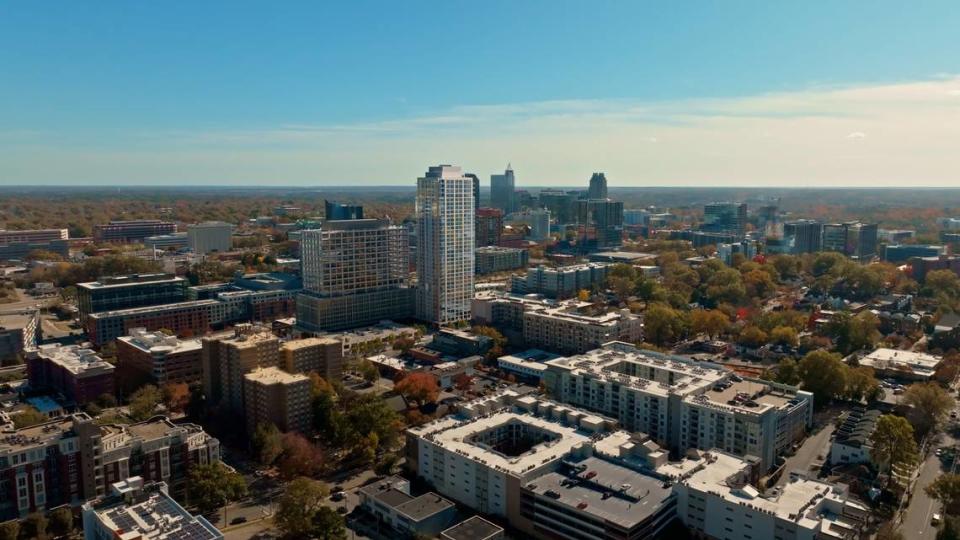 An aerial rendering of the new mixed-use project at The Creamery in Raleigh's Glenwood South district.