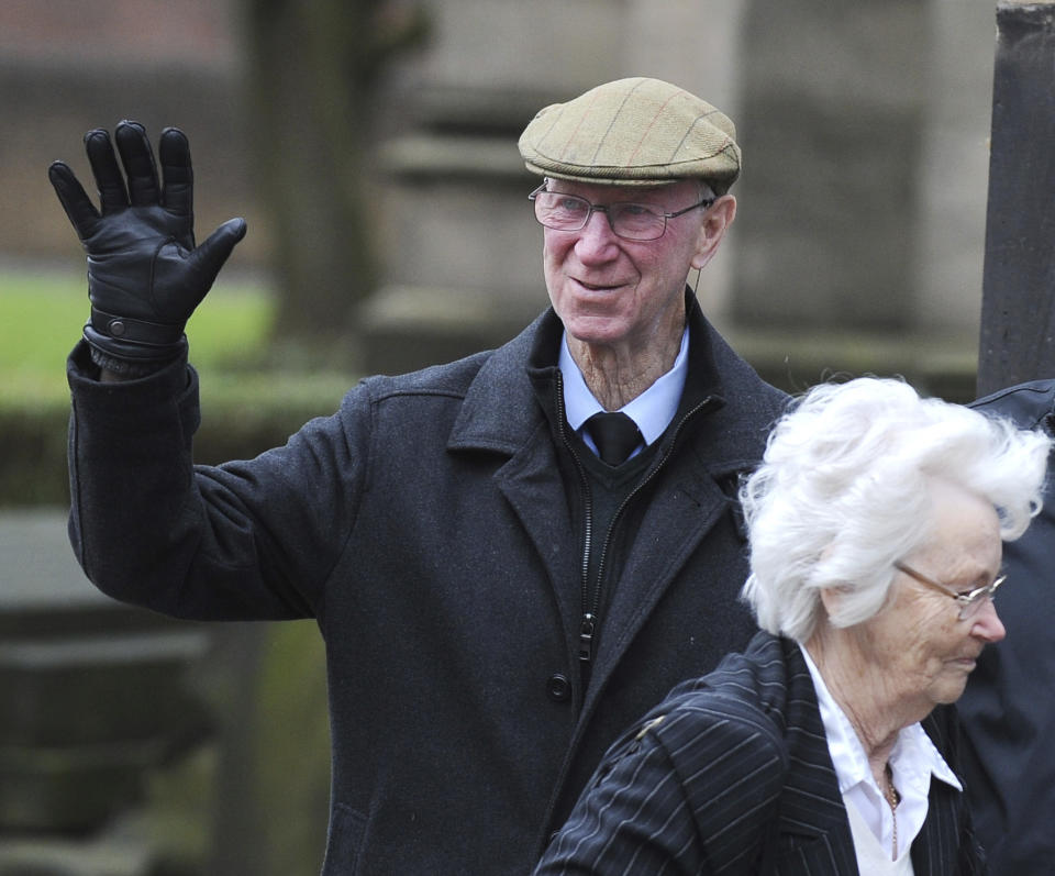 Former England player Jack Charlton arrives for the funeral service of former goalkeeper Gordon Banks at Stoke Minster, in Stoke on Trent, England, Monday March 4, 2019. Banks died on Feb. 12 aged 81. (AP Photo/Rui Vieira)